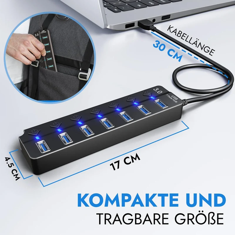 7-Port USB Hub 3.0 – USB Verteiler Multiport Adapter mit EIN/AUS Schalter und LED Anzeigen – USB Hub Splitter fur PC, Laptop, MacBook, USB Stick, Externe Festplatten und mehr