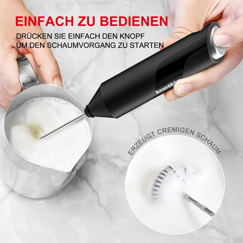 Bonsenkitchen Milchaufschäumer Elektrisch, Handheld Stab, Batteriebetrieben