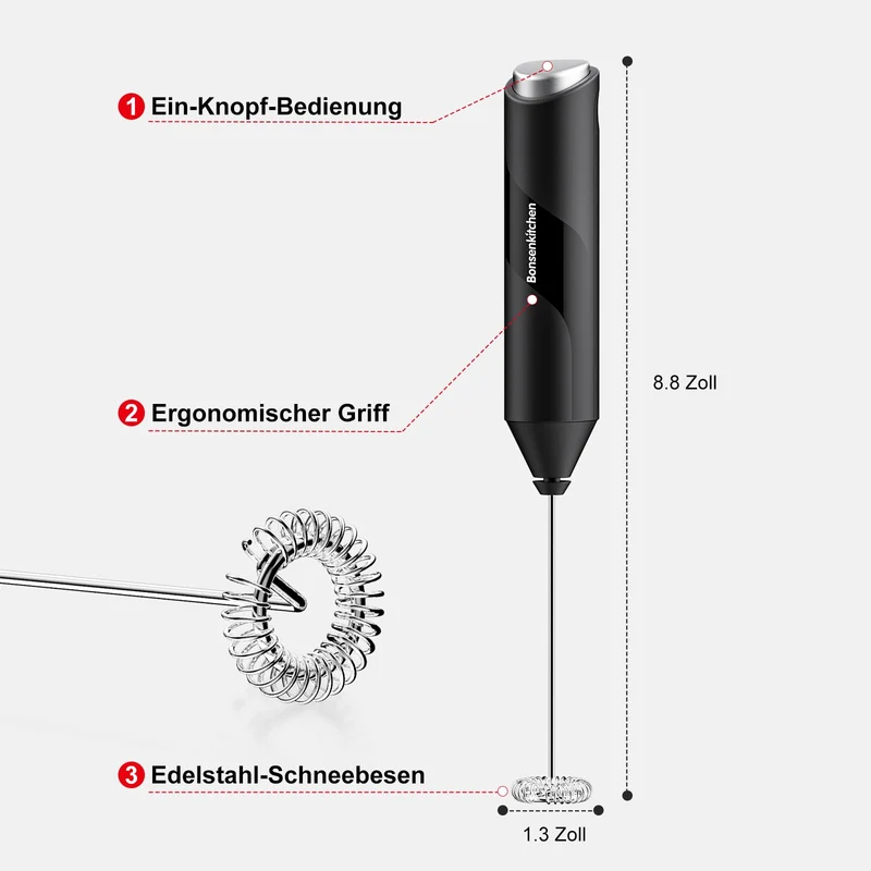Bonsenkitchen Milchaufschäumer Elektrisch, Handheld Stab, Batteriebetrieben