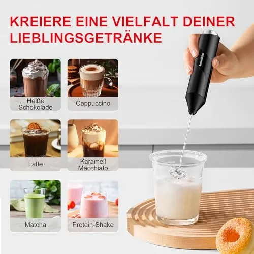 Bonsenkitchen Milchaufschäumer Elektrisch, Handheld Stab, Batteriebetrieben