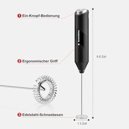 Bonsenkitchen Milchaufschäumer Elektrisch, Handheld Stab, Batteriebetrieben