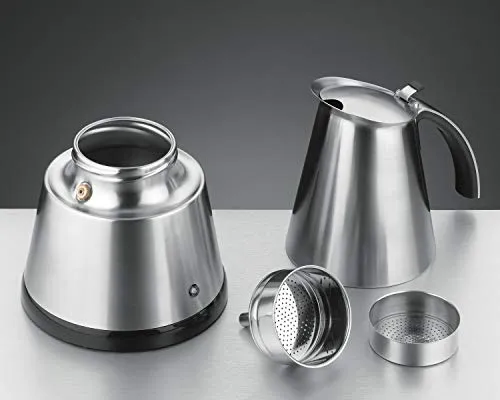 Rommelsbacher Espresso Kocher EKO 366/E, elektrisch, hochwertige Edelstahlkanne, Filtereinsatz für 3 oder 6 Tassen, verdecktes Heizelement, 360° Zentralsockel, automatische Abschaltung, 365 W
