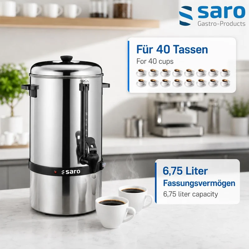 Saro Kaffeemaschine mit Rundfilter – 6,75 L / 40 Tassen – Edelstahl – Brüh- & Warmhaltefunktion – Sicherheitszapfhahn – Peilglas - 1,5 kW – Modell SAROMICA 6005