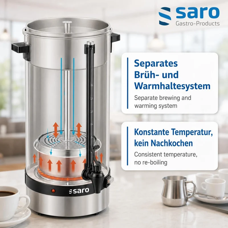 Saro Kaffeemaschine mit Rundfilter – 6,75 L / 40 Tassen – Edelstahl – Brüh- & Warmhaltefunktion – Sicherheitszapfhahn – Peilglas - 1,5 kW – Modell SAROMICA 6005