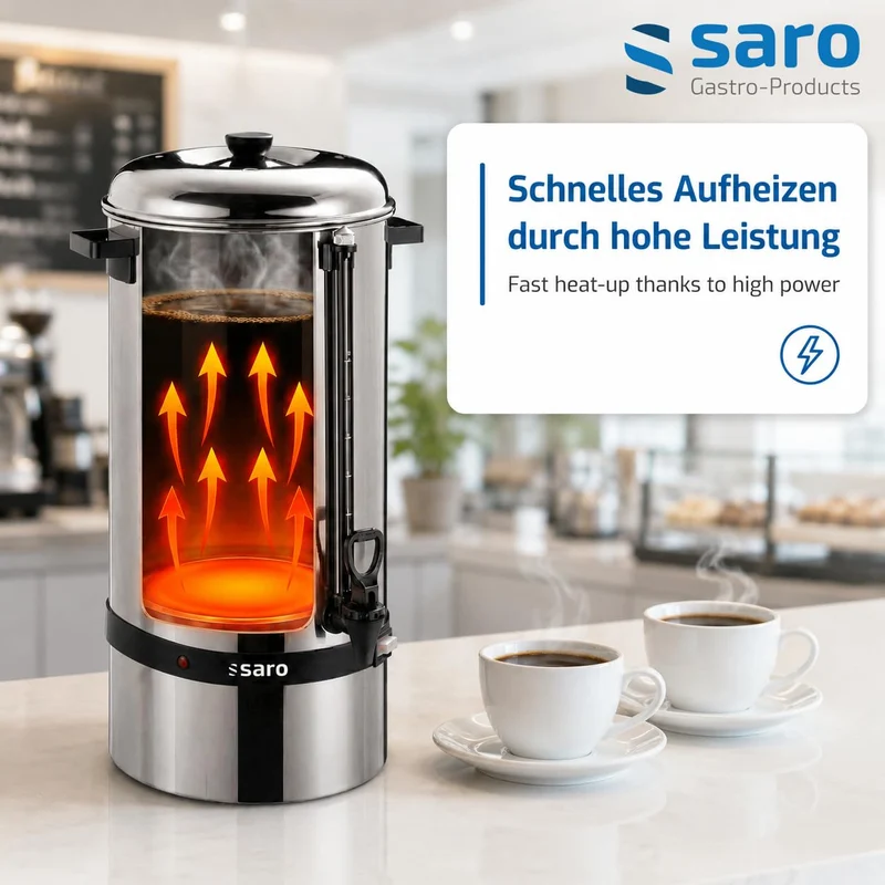 Saro Kaffeemaschine mit Rundfilter – 6,75 L / 40 Tassen – Edelstahl – Brüh- & Warmhaltefunktion – Sicherheitszapfhahn – Peilglas - 1,5 kW – Modell SAROMICA 6005