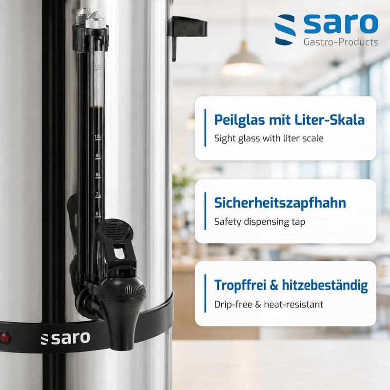 Saro Kaffeemaschine mit Rundfilter – 6,75 L / 40 Tassen – Edelstahl – Brüh- & Warmhaltefunktion – Sicherheitszapfhahn – Peilglas - 1,5 kW – Modell SAROMICA 6005