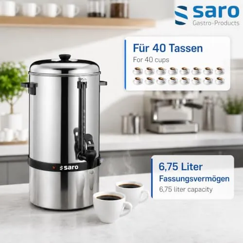 Saro Kaffeemaschine mit Rundfilter – 6,75 L / 40 Tassen – Edelstahl – Brüh- & Warmhaltefunktion – Sicherheitszapfhahn – Peilglas - 1,5 kW – Modell SAROMICA 6005