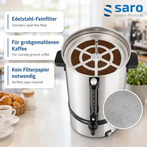 Saro Kaffeemaschine mit Rundfilter – 6,75 L / 40 Tassen – Edelstahl – Brüh- & Warmhaltefunktion – Sicherheitszapfhahn – Peilglas - 1,5 kW – Modell SAROMICA 6005