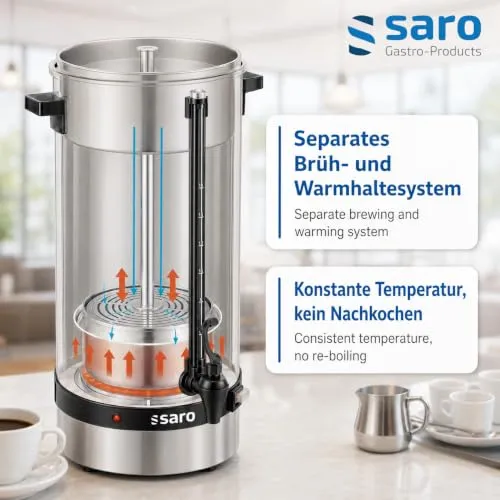 Saro Kaffeemaschine mit Rundfilter – 6,75 L / 40 Tassen – Edelstahl – Brüh- & Warmhaltefunktion – Sicherheitszapfhahn – Peilglas - 1,5 kW – Modell SAROMICA 6005