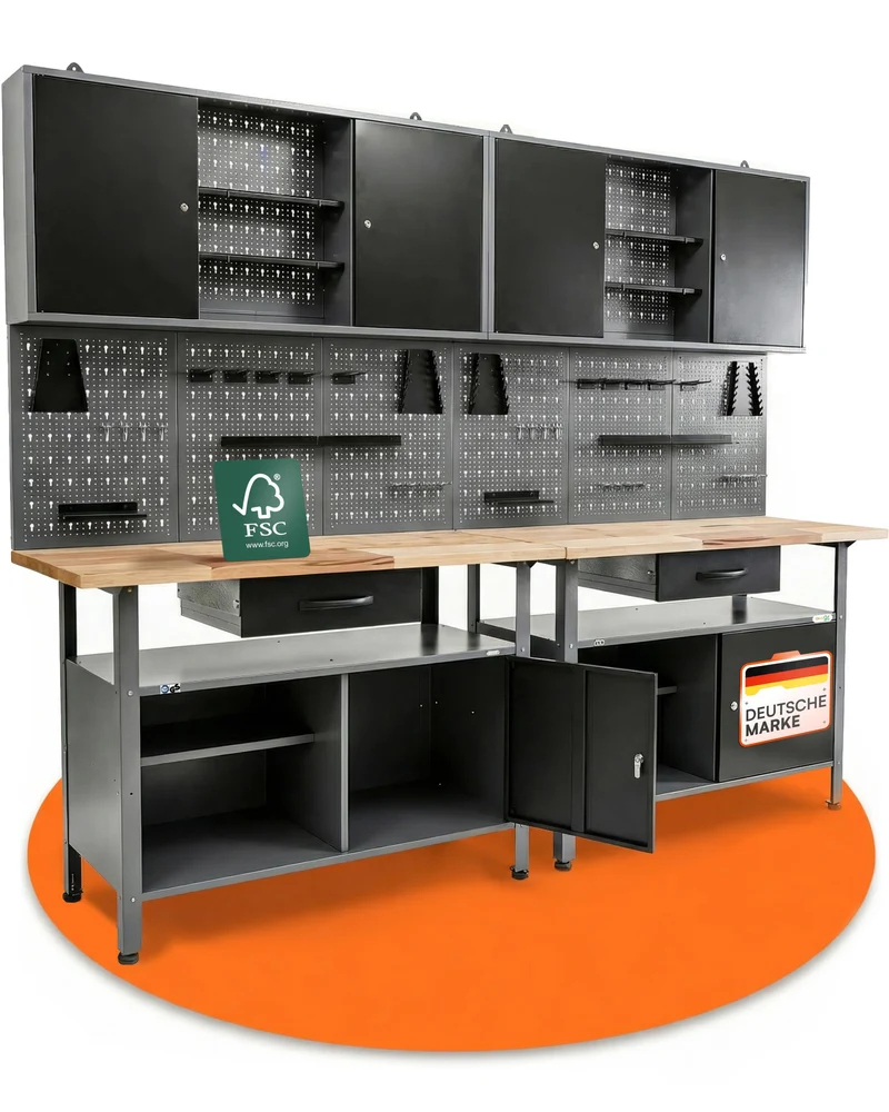 Ondis24 Werkstatteinrichtung Werkstatt Set Werkbank Klaus 240 cm Hängeschrank (Arbeitshöhe 85 cm, Schwarz)