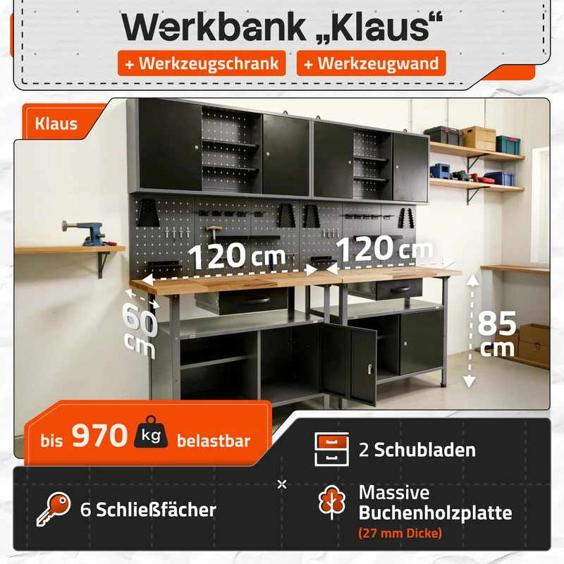 Ondis24 Werkstatteinrichtung Werkstatt Set Werkbank Klaus 240 cm Hängeschrank (Arbeitshöhe 85 cm, Schwarz)