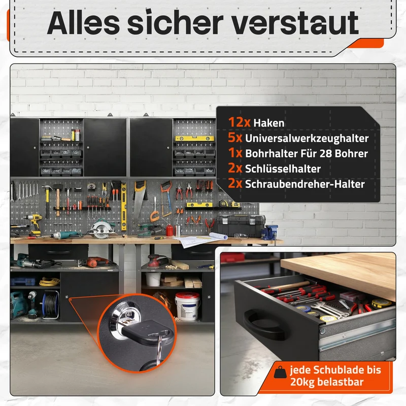 Ondis24 Werkstatteinrichtung Werkstatt Set Werkbank Klaus 240 cm Hängeschrank (Arbeitshöhe 85 cm, Schwarz)