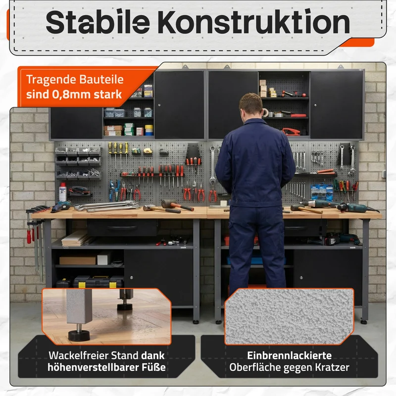 Ondis24 Werkstatteinrichtung Werkstatt Set Werkbank Klaus 240 cm Hängeschrank (Arbeitshöhe 85 cm, Schwarz)