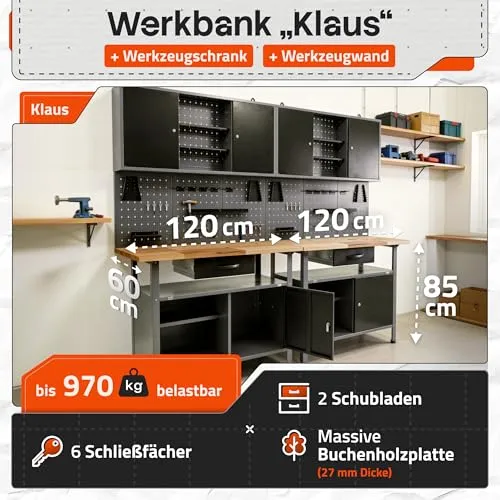 Ondis24 Werkstatteinrichtung Werkstatt Set Werkbank Klaus 240 cm Hängeschrank (Arbeitshöhe 85 cm, Schwarz)