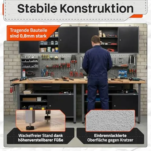 Ondis24 Werkstatteinrichtung Werkstatt Set Werkbank Klaus 240 cm Hängeschrank (Arbeitshöhe 85 cm, Schwarz)