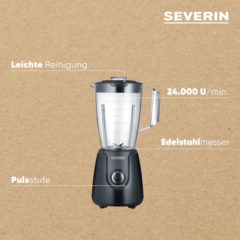 SEVERIN Standmixer mit 1,5 L Mixbehälter aus Tritan, Mixer mit 2 Stufen und Pulse-Funktion, leistungsstarker Küchenmixer mit Edelstahlmesser, 600 W, Schwarz, SM 3707