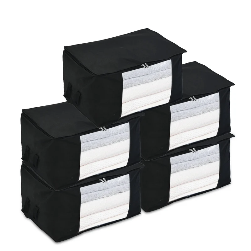 LIVMORE 5er-Set Aufbewahrungs-Organizer aus Vliesstoff mit Sichtfenster, je 84L gesamt 420L, 35x 60x40cm, Beige