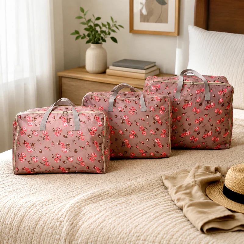 LIVMORE 3er Set Aufbewahrungstaschen mit Blumenmuster, 210D Oxford Gewebe, Blau