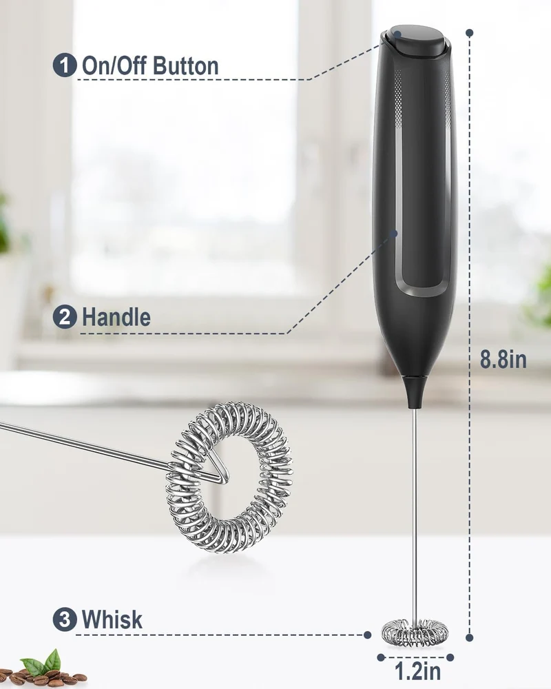Milchaufschäumer Stab/Milchschäumer Elektrisch tragbarer mit Hoher Leistung Getränkemixer Kaffeebesen batteriebetriebener für Latte, Matcha-Tee, Cappuccino, Schwarz