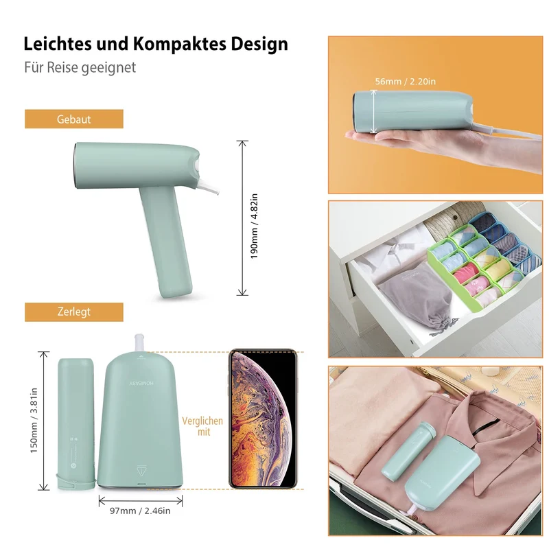 HOMEASY Reise-Dampfglätter 800W 110 ml Wassertank für Kleidung Grün