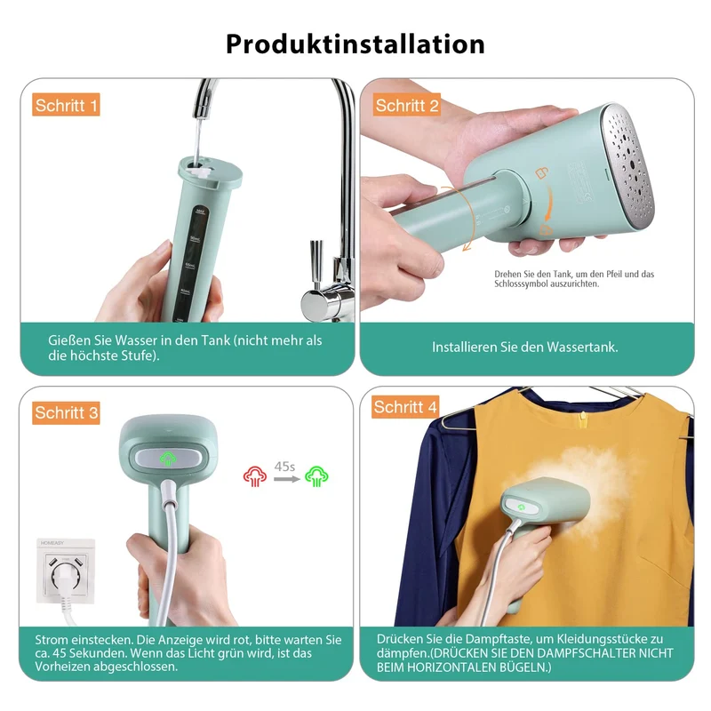 HOMEASY Reise-Dampfglätter 800W 110 ml Wassertank für Kleidung Grün
