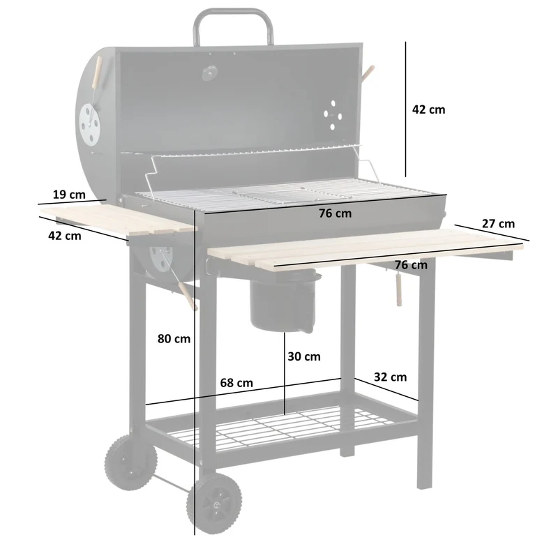 BBQ-Toro Holzkohle Grillwagen mit Deckel | Ø 80 x (L) 42 cm | Premium Holzkohlegrillwagen fahrbar, inkl. Thermometer, Warmhalterost, Holz Ablagen | Smoker, Holzkohlegrill, Barbecue Grill, Holz Grill