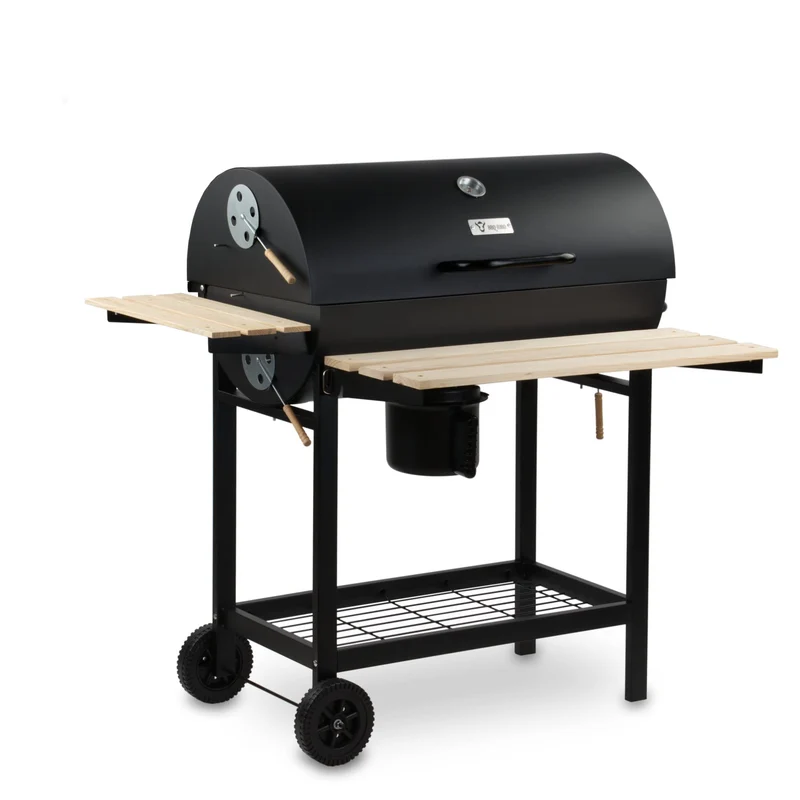 BBQ-Toro Holzkohle Grillwagen mit Deckel | Ø 80 x (L) 42 cm | Premium Holzkohlegrillwagen fahrbar, inkl. Thermometer, Warmhalterost, Holz Ablagen | Smoker, Holzkohlegrill, Barbecue Grill, Holz Grill