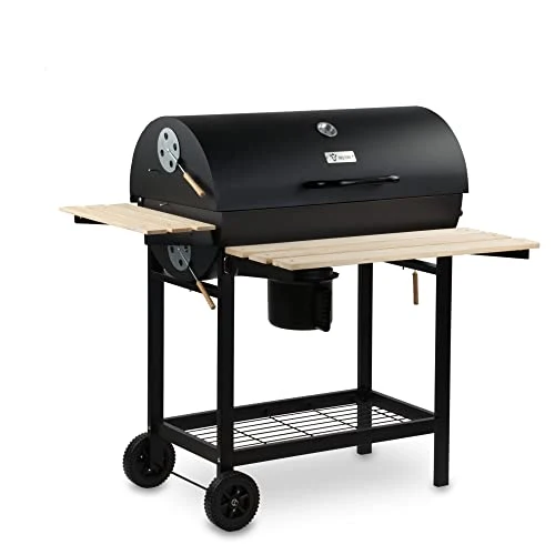 BBQ-Toro Holzkohle Grillwagen mit Deckel | Ø 80 x (L) 42 cm | Premium Holzkohlegrillwagen fahrbar, inkl. Thermometer, Warmhalterost, Holz Ablagen | Smoker, Holzkohlegrill, Barbecue Grill, Holz Grill