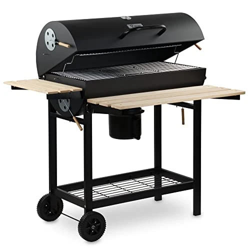 BBQ-Toro Holzkohle Grillwagen mit Deckel | Ø 80 x (L) 42 cm | Premium Holzkohlegrillwagen fahrbar, inkl. Thermometer, Warmhalterost, Holz Ablagen | Smoker, Holzkohlegrill, Barbecue Grill, Holz Grill