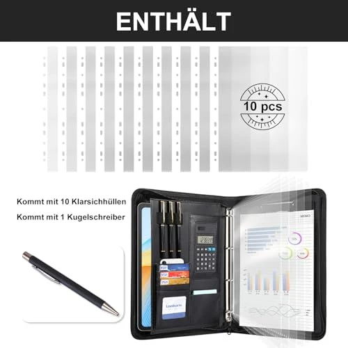 Leathario A4 Konferenzmappe, Schreibmappe mit Ringbuch，Reißverschluss,Ringbuchmappe Portfolio, Dokumentenmappe Aktenmappe Mappe Schreibblock Schwarz