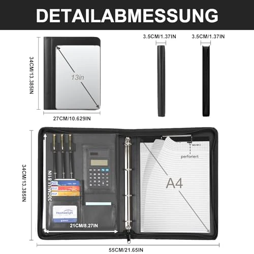 Leathario A4 Konferenzmappe, Schreibmappe mit Ringbuch，Reißverschluss,Ringbuchmappe Portfolio, Dokumentenmappe Aktenmappe Mappe Schreibblock Schwarz