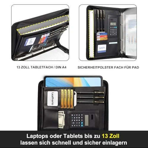 Leathario A4 Konferenzmappe, Schreibmappe mit Ringbuch，Reißverschluss,Ringbuchmappe Portfolio, Dokumentenmappe Aktenmappe Mappe Schreibblock Schwarz