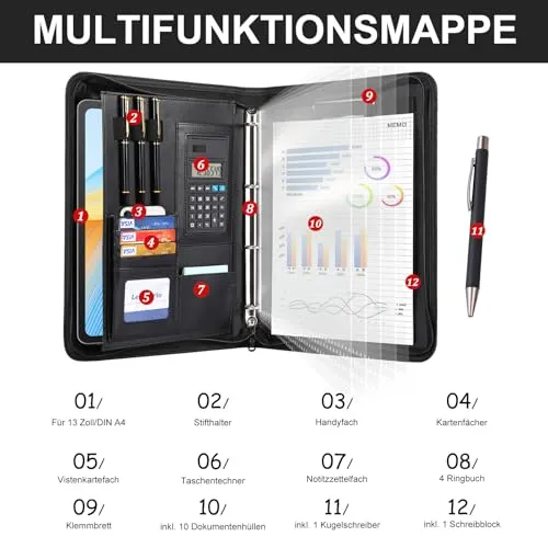 Leathario A4 Konferenzmappe, Schreibmappe mit Ringbuch，Reißverschluss,Ringbuchmappe Portfolio, Dokumentenmappe Aktenmappe Mappe Schreibblock Schwarz