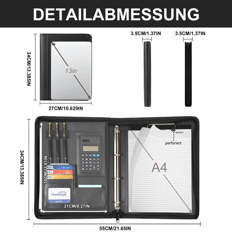Leathario A4 Konferenzmappe, Schreibmappe mit Ringbuch，Reißverschluss,Ringbuchmappe Portfolio, Dokumentenmappe Aktenmappe Mappe Schreibblock Schwarz