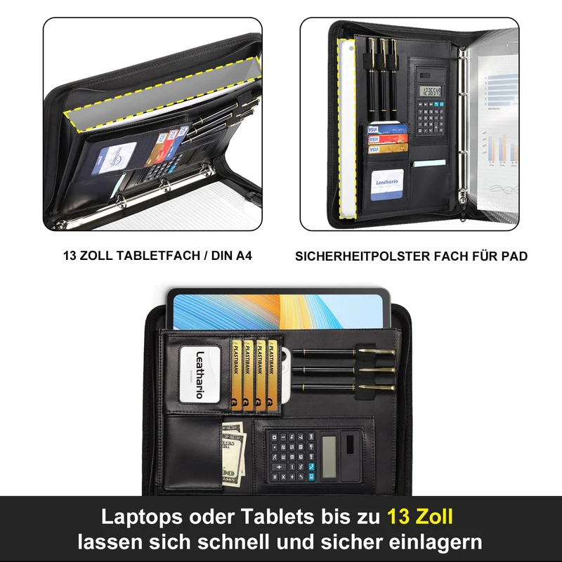 Leathario A4 Konferenzmappe, Schreibmappe mit Ringbuch，Reißverschluss,Ringbuchmappe Portfolio, Dokumentenmappe Aktenmappe Mappe Schreibblock Schwarz
