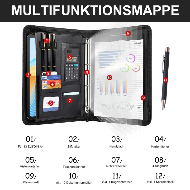 Leathario A4 Konferenzmappe, Schreibmappe mit Ringbuch，Reißverschluss,Ringbuchmappe Portfolio, Dokumentenmappe Aktenmappe Mappe Schreibblock Schwarz