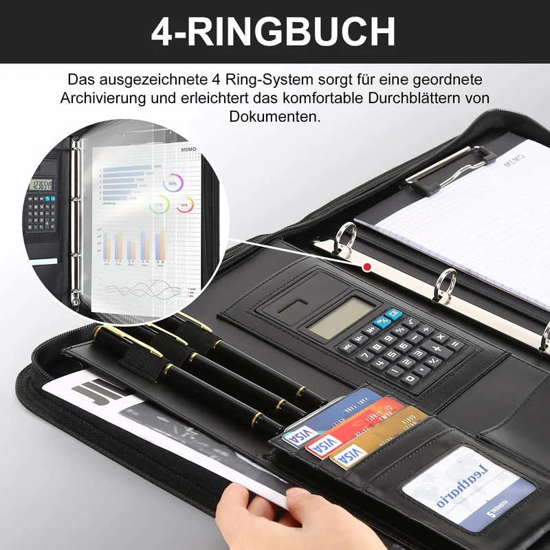 Leathario A4 Konferenzmappe, Schreibmappe mit Ringbuch，Reißverschluss,Ringbuchmappe Portfolio, Dokumentenmappe Aktenmappe Mappe Schreibblock Schwarz