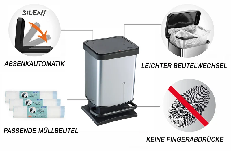 Rotho Paso Mülleimer Küche Papierkorb 20 L Soft-Close mit Pedal Silber