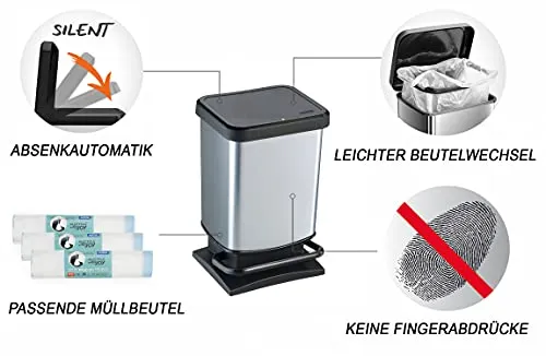 Rotho Paso Mülleimer Küche Papierkorb 20 L Soft-Close mit Pedal Silber