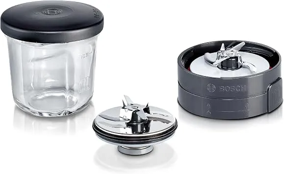 Bosch Zerkleinerer-Set MUZ45XCG1, 3-in-1, Glasbehälter, Hacken, Mixen, Mahlen, Zubehör passend für Küchenmaschine MaxxiMUM, Serie 4, Serie 2, MUM4, schwarz
