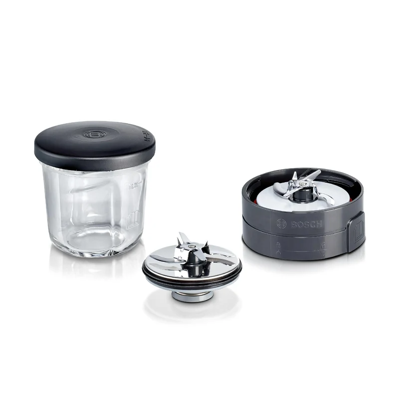Bosch Zerkleinerer-Set MUZ45XCG1, 3-in-1, Glasbehälter, Hacken, Mixen, Mahlen, Zubehör passend für Küchenmaschine MaxxiMUM, Serie 4, Serie 2, MUM4, schwarz