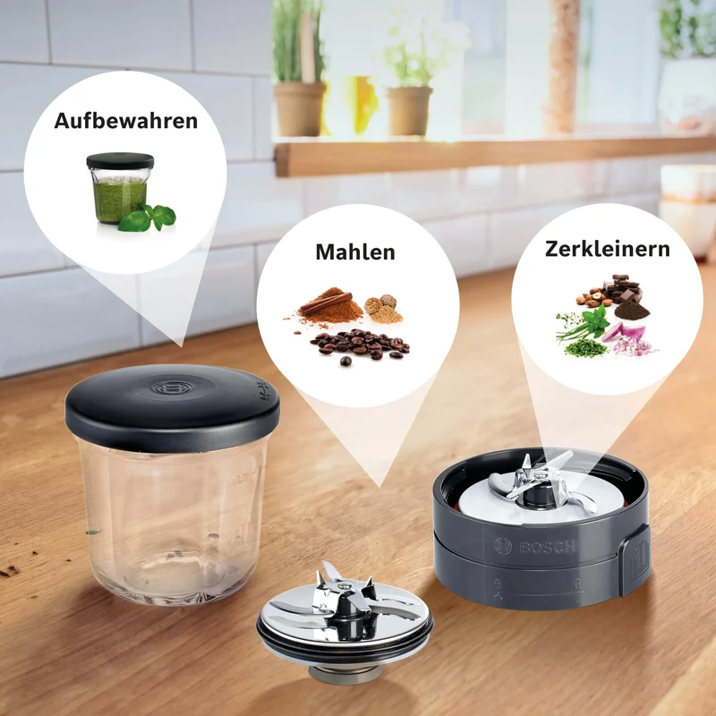 Bosch Zerkleinerer-Set MUZ45XCG1, 3-in-1, Glasbehälter, Hacken, Mixen, Mahlen, Zubehör passend für Küchenmaschine MaxxiMUM, Serie 4, Serie 2, MUM4, schwarz