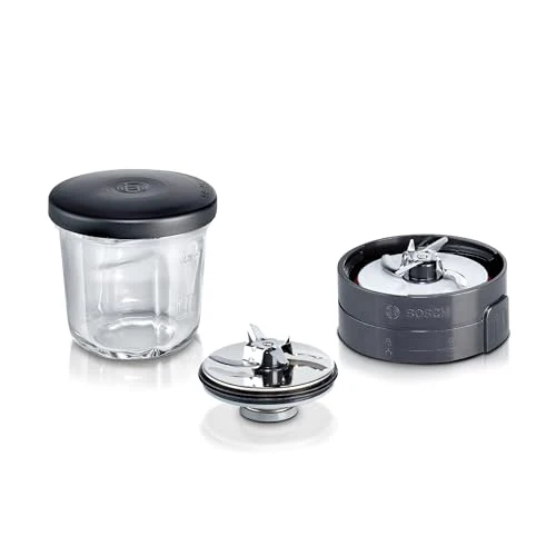 Bosch Zerkleinerer-Set MUZ45XCG1, 3-in-1, Glasbehälter, Hacken, Mixen, Mahlen, Zubehör passend für Küchenmaschine MaxxiMUM, Serie 4, Serie 2, MUM4, schwarz