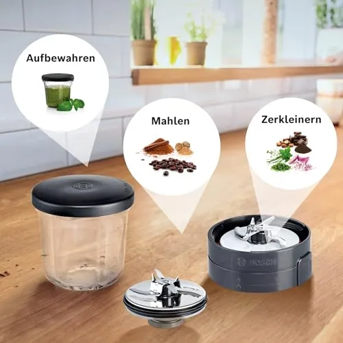 Bosch Zerkleinerer-Set MUZ45XCG1, 3-in-1, Glasbehälter, Hacken, Mixen, Mahlen, Zubehör passend für Küchenmaschine MaxxiMUM, Serie 4, Serie 2, MUM4, schwarz