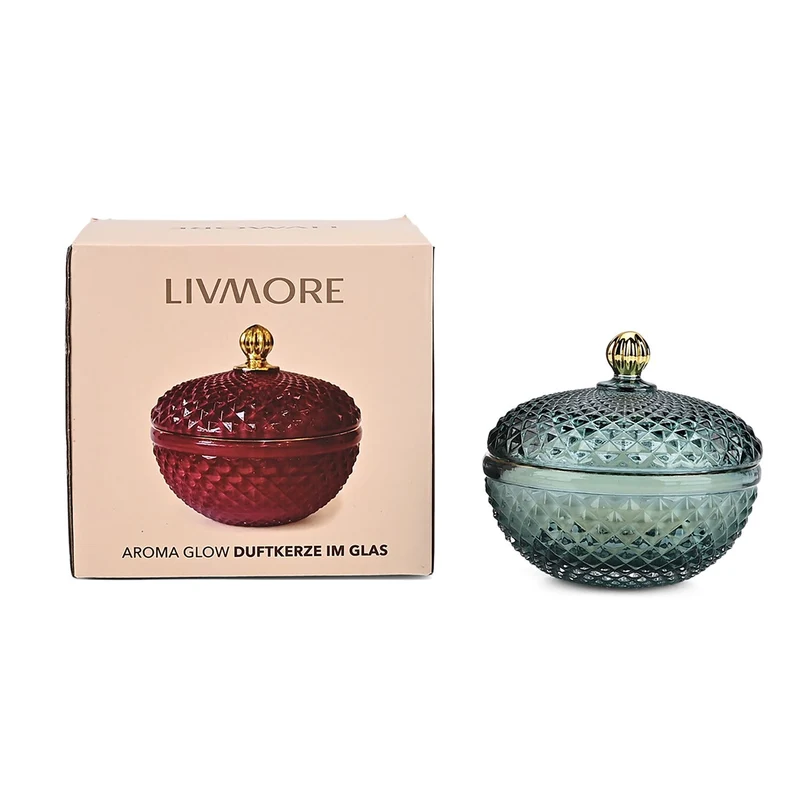 LIVMORE - Duftkerze im dekorativen Glas, Amber und Pfingstrose, 36 Std. Brenndauer, Grün