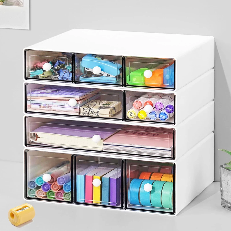 Desk Aufbewahrungsbox mit 9 Schubladen, 4 Lagen stapelbare Lagerung Schubladen für Schreibtisch Lagerung, Klare Veranstalter Anzug für Schreibwaren Make-up Schmuck Büro Craft Supplies(Weiß)