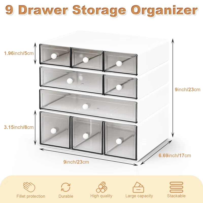 Desk Aufbewahrungsbox mit 9 Schubladen, 4 Lagen stapelbare Lagerung Schubladen für Schreibtisch Lagerung, Klare Veranstalter Anzug für Schreibwaren Make-up Schmuck Büro Craft Supplies(Weiß)