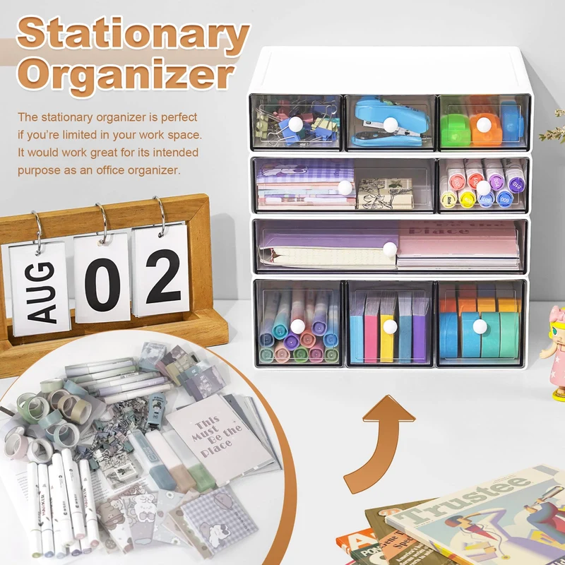Desk Aufbewahrungsbox mit 9 Schubladen, 4 Lagen stapelbare Lagerung Schubladen für Schreibtisch Lagerung, Klare Veranstalter Anzug für Schreibwaren Make-up Schmuck Büro Craft Supplies(Weiß)
