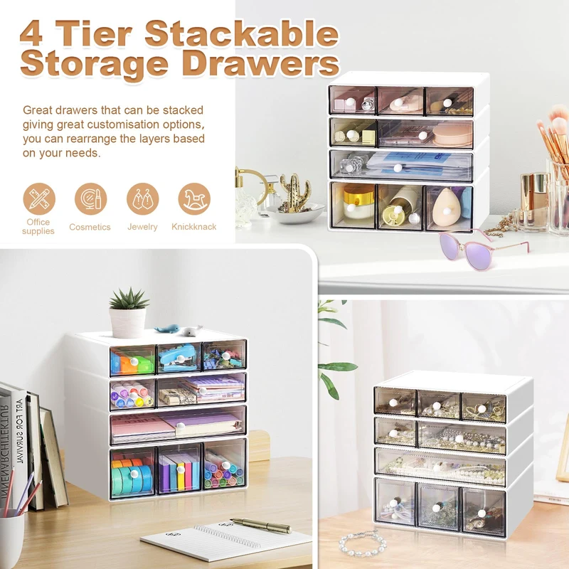 Desk Aufbewahrungsbox mit 9 Schubladen, 4 Lagen stapelbare Lagerung Schubladen für Schreibtisch Lagerung, Klare Veranstalter Anzug für Schreibwaren Make-up Schmuck Büro Craft Supplies(Weiß)