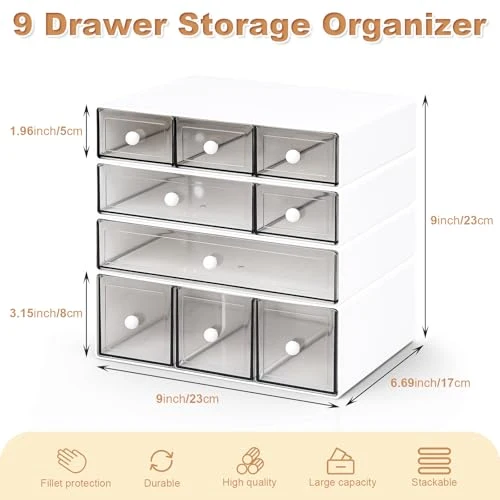Desk Aufbewahrungsbox mit 9 Schubladen, 4 Lagen stapelbare Lagerung Schubladen für Schreibtisch Lagerung, Klare Veranstalter Anzug für Schreibwaren Make-up Schmuck Büro Craft Supplies(Weiß)